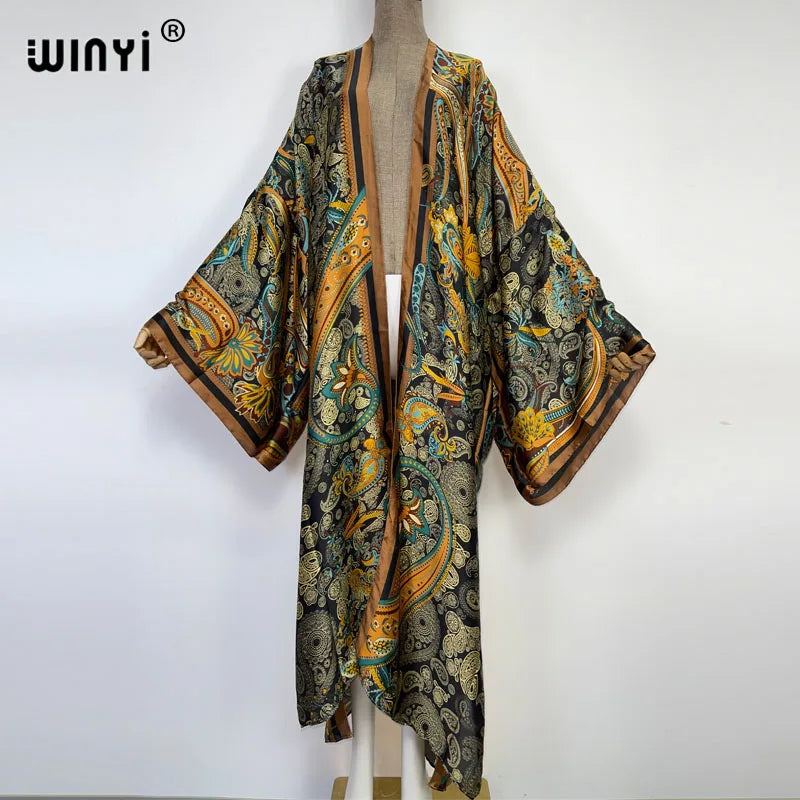 WINYI 2026 Summer Women Cardigan stitch Cocktail sexy Boho Maxi African Holiday Batwing Sleeve Silk feeling Robe kimono kaftan - Matrix Studios