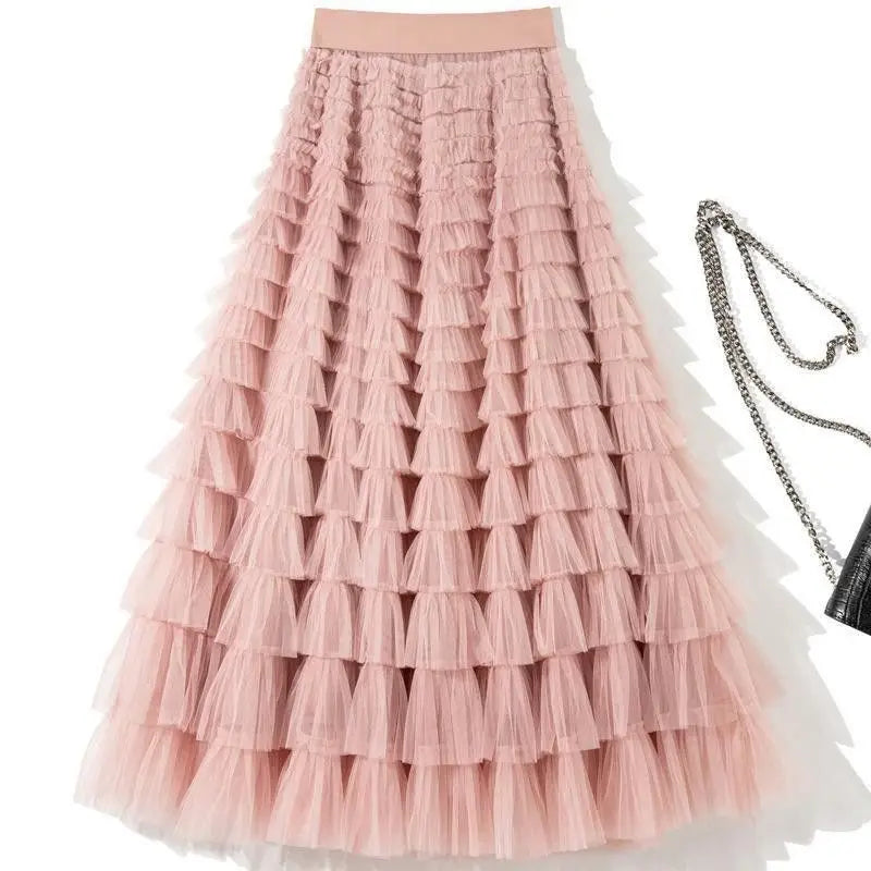 Sweet Layered Cake Me Skirt Elastic Waist Princ Long Dr Korean Sle High Waist Polyester Fabric Mid-Length Skirt - Matrix-studios.com