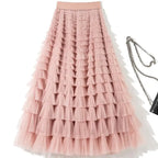 Sweet Layered Cake Me Skirt Elastic Waist Princ Long Dr Korean Sle High Waist Polyester Fabric Mid-Length Skirt - Matrix-studios.com