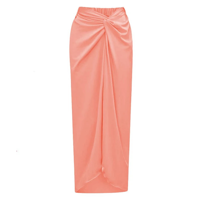 Fashion Solid Beach Dress Women's Casual Elastic High Waist Slit Long Skirt Summer 2025 New Beachwear Spice Girl Bikini Cover Up - Matrix Studios