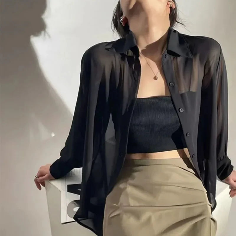 SMVP Chiffon Blouse for Women 2025 New Summer Sheer Mesh Long Sleeve Sun Protection Shirts Korean Fashion Office Lady Shirt Tops - Matrix-studios.com