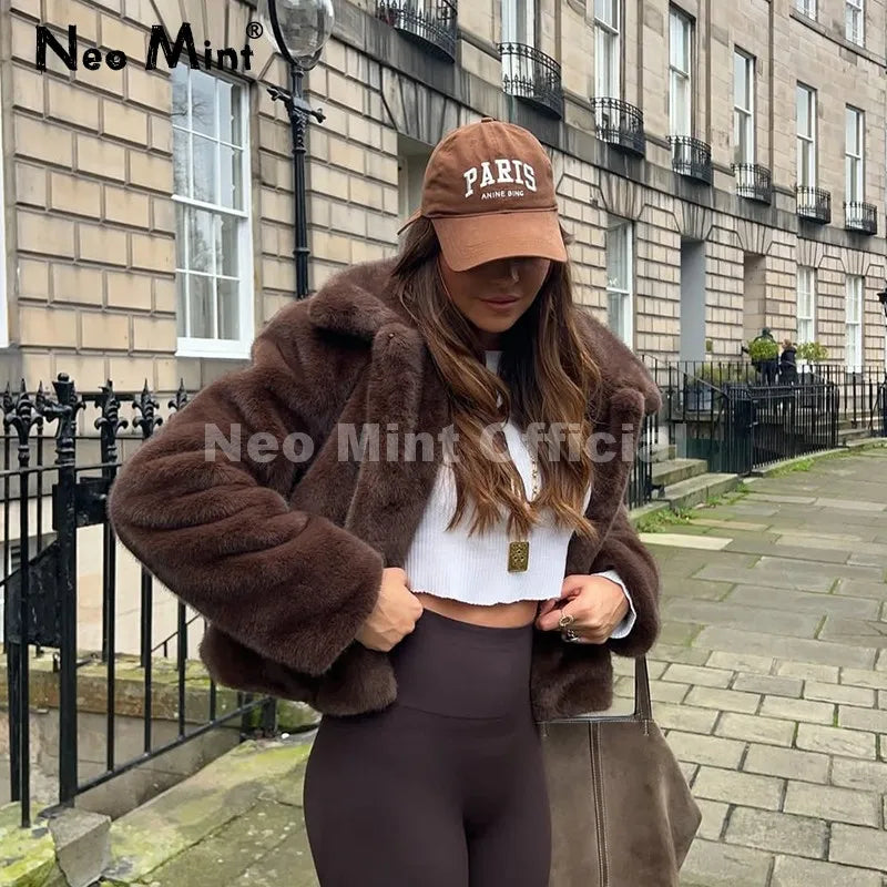 Neo Mint Cool Street Girls Fashion Brown Faux Fur Jacket Women Luxury Fake Mink Fur Coat 2025 Autumn Winter Warm Short Overcoat - Matrix Studios