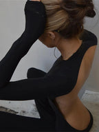 Solid Black Sexy Backless Bodycon Wide Leg Jumpsuit Women Autumn Casual Slim Long Sleeve O-Neck Playsuit Lady Streetwear - Matrix Studios