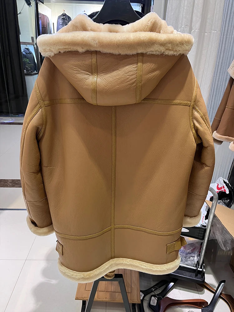 Winter Women Locomotive Suit Real Natural Merino Sheep Fur Coat Hooded Genuine Leather Jacket Thick Warm Luxury Female Coats - Matrix Studios