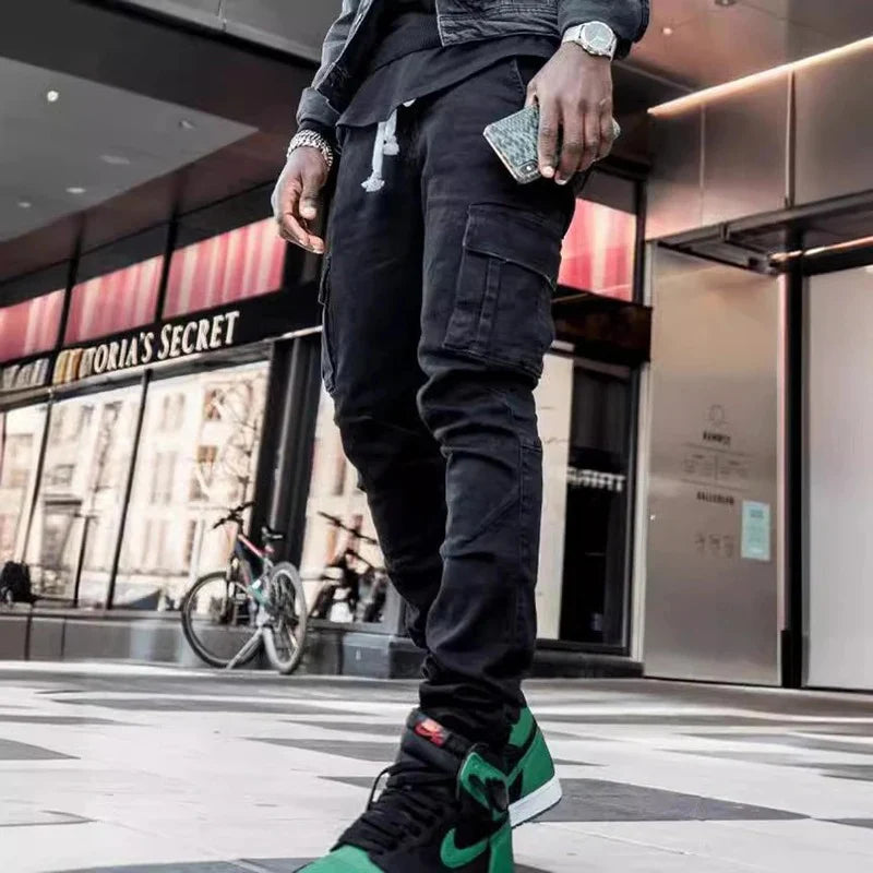 Men Street Elastic Denim Jeans Wash Solid Color Multi Pockets Cargo Pants Casual Slim Fit Daily Wear Joggers Mid Waist Trousers - Matrix Studios