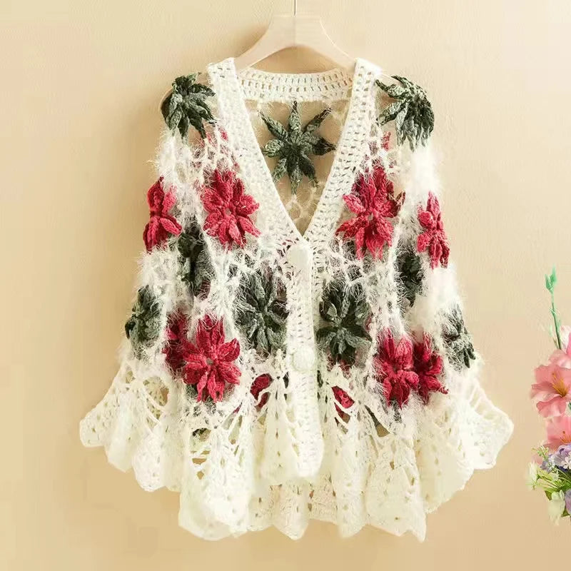 Three-Dimensional Flower Openwork Crocheted Sweater Cardigan Women's Spring And Autumn New Heavy Industry Joker Sweater 3XL Coat - Matrix Studios