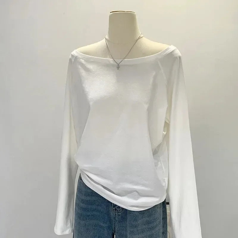 Autumn Winter One Shoulder Cotton Long Sleeve Slant Shoulder Women's Clothing Style Interior Wide Truffle Shoulder Base Shirt - Matrix-studios.com