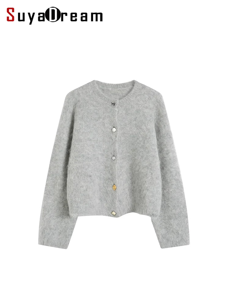 SuyaDream, Women Cardigans, 78%Alpaca, O Neck, Single breasted Solid Sweaters, 2025 Fall Winter Warm Jackets, White, Grey, Pink - Matrix Studios