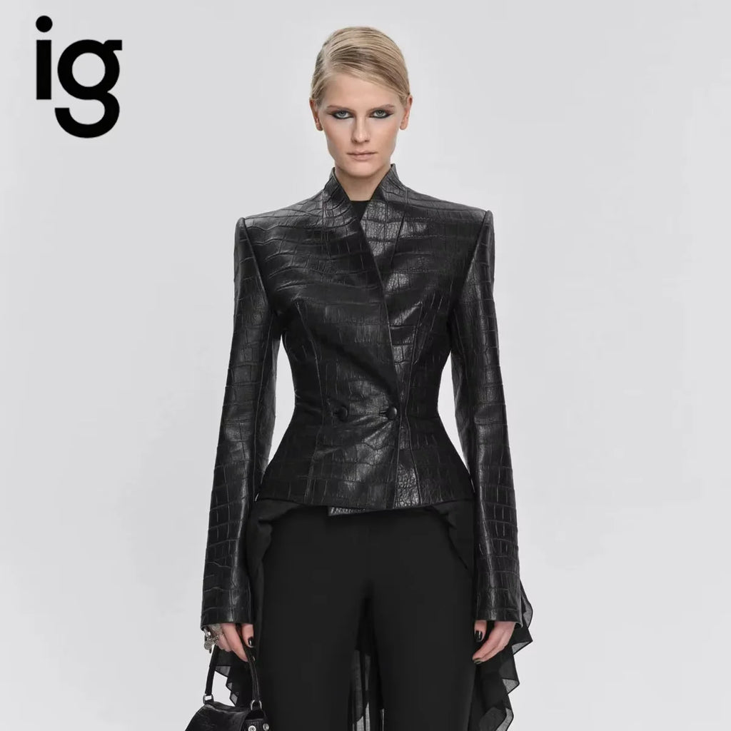 IG 2026 New Women's Gothic Faux Leather Embossed Fitted Leather Blazer Structured Shoulder Lace Cuff Casual Black Blazers - Matrix Studios