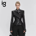IG 2026 New Women's Gothic Faux Leather Embossed Fitted Leather Blazer Structured Shoulder Lace Cuff Casual Black Blazers - Matrix Studios