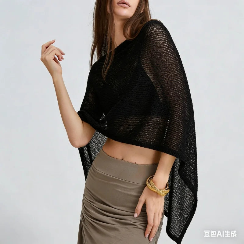 Women Sheer Knit Poncho Top Y2K See Through Crochet Batwing Sleeve Beach Cover Up Poncho Shawl Beach Vacation Outfits - Matrix Studios