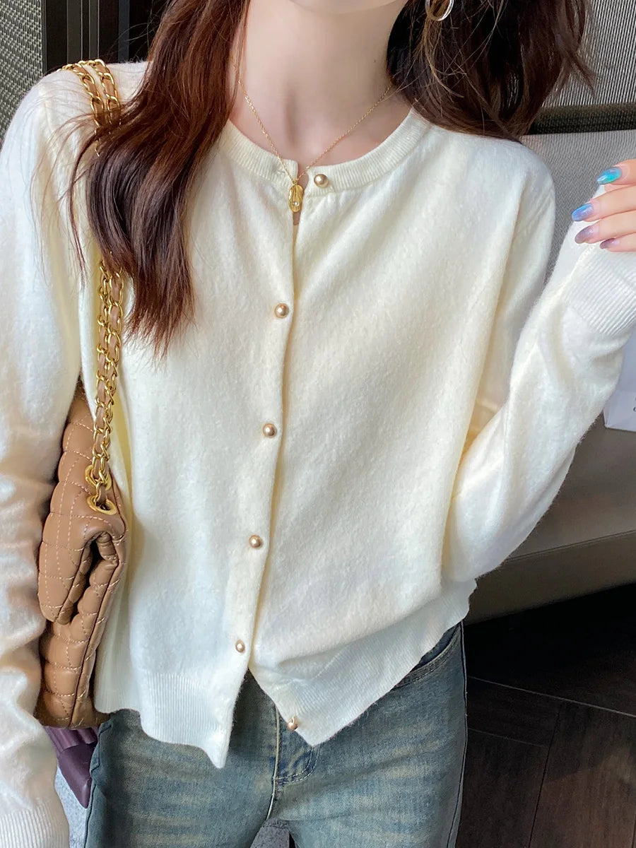 Solid Color Knitted for Women Cardigan Korean Single Breasted Long Sleeve Jumper Woman Round Neck All Match Cardigans Outwear - Matrix Studios
