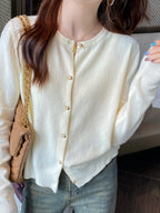 Solid Color Knitted for Women Cardigan Korean Single Breasted Long Sleeve Jumper Woman Round Neck All Match Cardigans Outwear - Matrix Studios