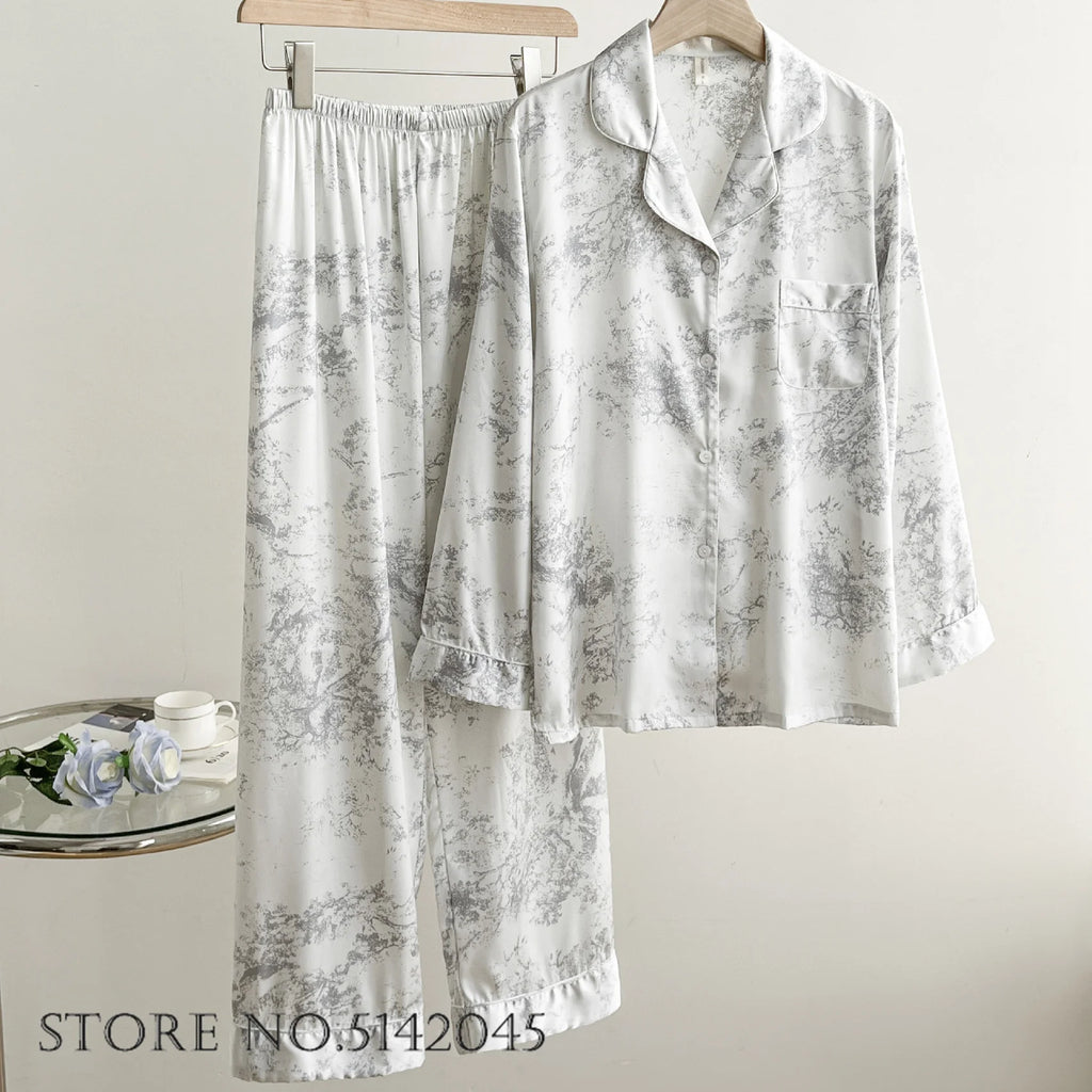 Fashion Print Flower 2PCS Pajamas Set Women Sleepwear Spring Summer Trouser Suits Lounge Wear Loose Satin Homewear Pijamas Suit - Matrix-studios.com