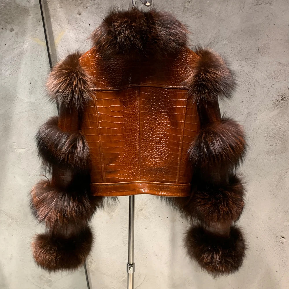 Fur Bomber Ladies New Fashion Jacket Crocdile Sheep Leather With Natural Fur 3573 - Matrix Studios