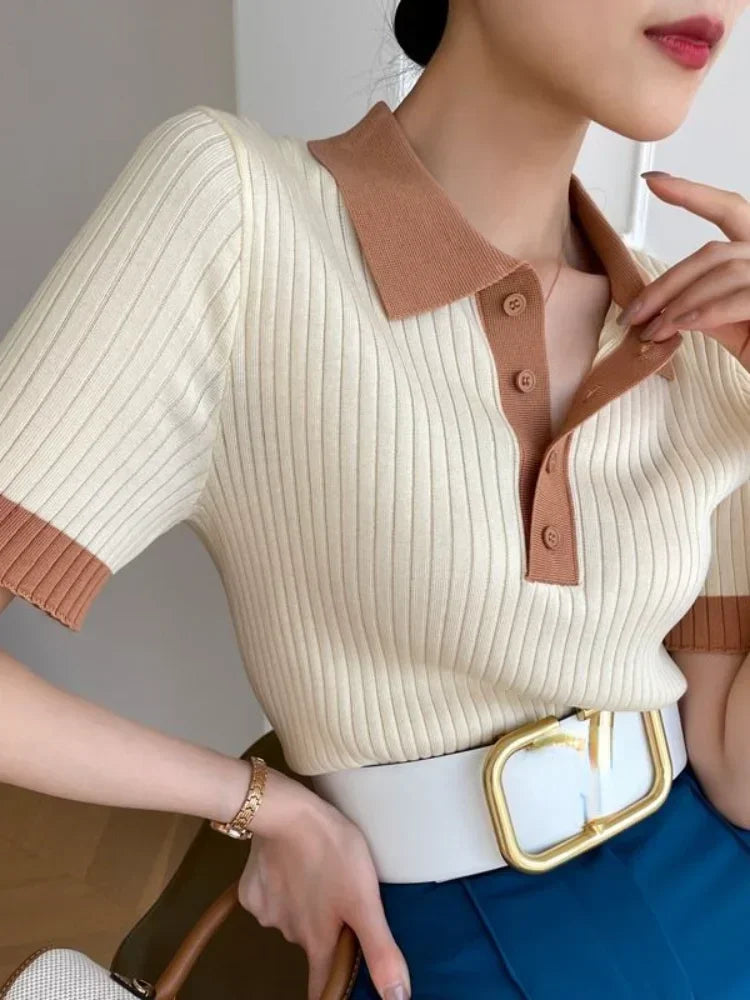 Fashion Summer T-shirts for Women Slim Fit Polo Women's T-shirt Collar Knitted Ice Silk T-shirt Knitting Elegant Crop Top - Matrix-studios.com