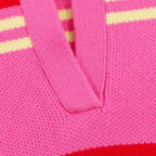 2026 Pink Red Striped Polo Knit Pullover - Women's Turn Down Collar Long Sleeve Loose Top, Spring Autumn Casual Wear for Daily - Matrix-studios.com