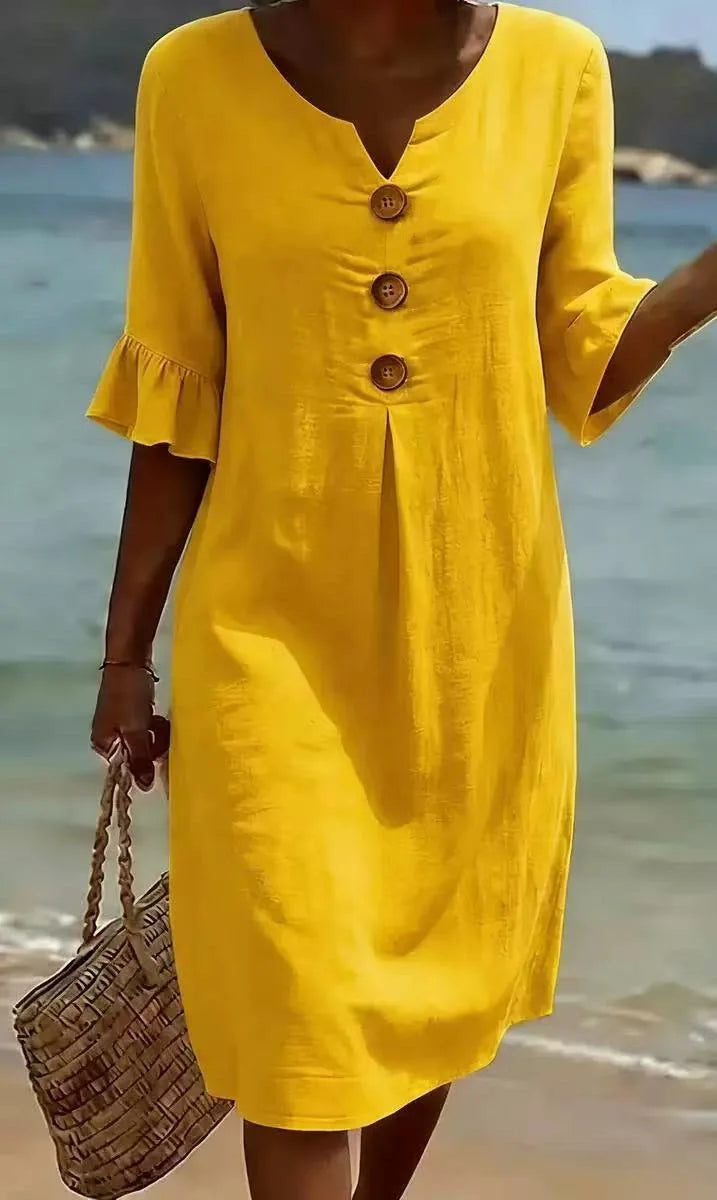 2026 Amazon European and American Cross-Border Spring and Summer New Cotton and Linen V-Neck Dress with Large Buttons and Ruffle - Matrix-studios.com