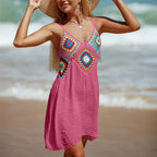 Crochet Knitted Splicing Colorful Pattern V Neck Tunic Beach Wear Hollow Bikini Cover Up Dress Beach Wear Sarong Swimsuit - Matrix Studios
