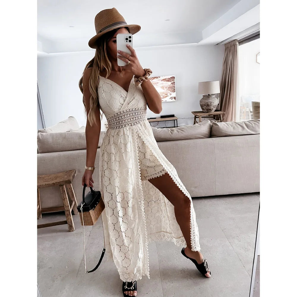 Summer V Neck Solid Color Lace Hollow-Out Sleeveless Sling Party Wear High Waist Rompers Holiday Casual White Women's Jumpsuit - Matrix Studios