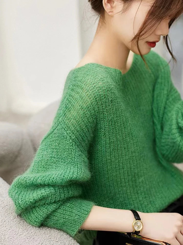 Elegant See-through Women Sweater Pullover Loose Jumper Autumn Winter Soft Warm Women Knitwear Sweater Basic Solid Cashmere Tops - Matrix Studios