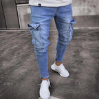 Street Elastic Jeans Men Denim Cargo Pants Wash Solid Color Multi Pockets Casual Mid Waist Trousers Slim Fit Daily Wear Joggers - Matrix Studios