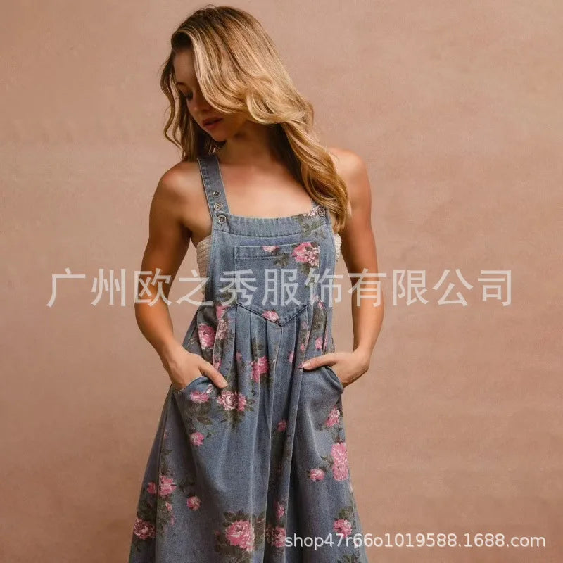 Denim Floral Print Trendy Sleeveless Jumpsuits for Women Rompers Festival Outfit Loose Overalls Pleated Pockets Long Pants - Matrix Studios