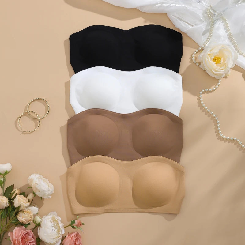 1Pc/3Pcs/Pack YMQJ Removable Padded Soft Ice Silk Traceless Women Brasseries Wire Free Seamless Bra For Women Strapless Bra - Matrix Studios