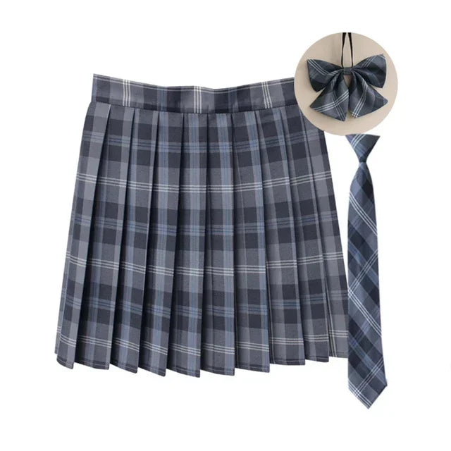 Women Summer Plaid Pleated Skirt With Necktie Bowtie Korean Jk Skirt Uniform Japanese School Preppy A Line Mini Skirts - Matrix-studios.com