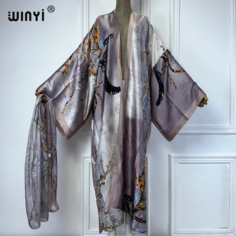 WINYI Kimono Women Summer Fashion Print Long Sleeve Cardigan Female Loose Abaya Casual Beach Cover Up Boho Dress With Scarf - Matrix Studios