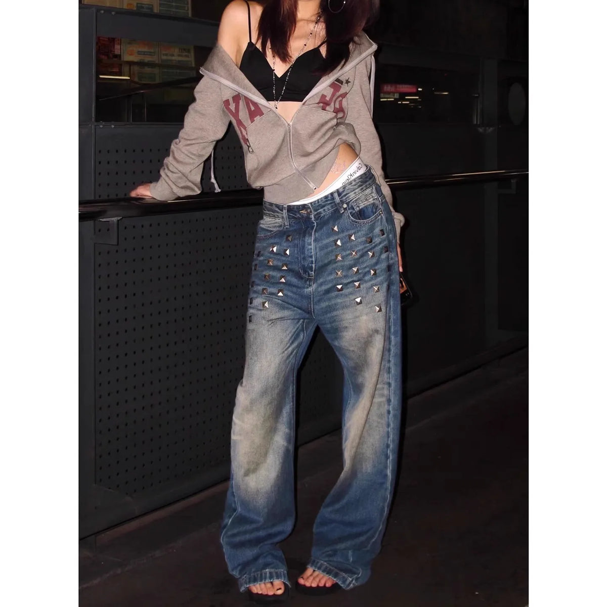 Retro Distred American High Street Jeans For Women's  Wide Leg Floor-Length Pants with Rivet Denim Pants - Matrix-studios.com