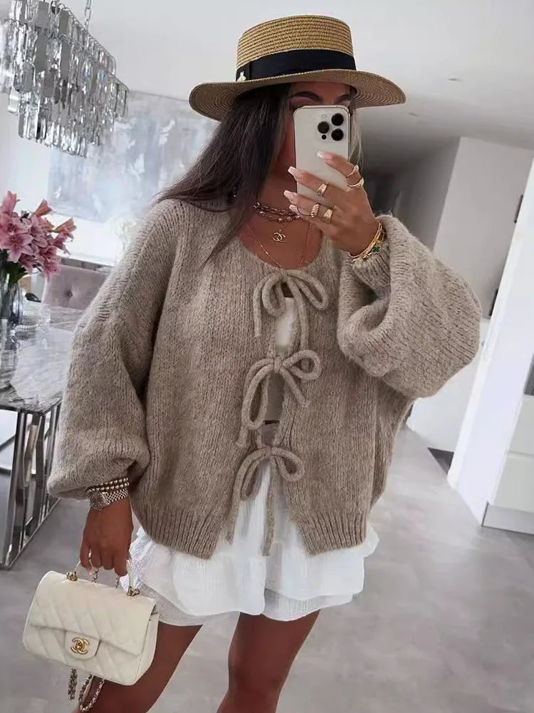 Solid Color O-neck Lace-up Knitted Cardigan Women 2025 Autumn Winter Streetwear Casual Simplicity Sweater Coats - Matrix Studios