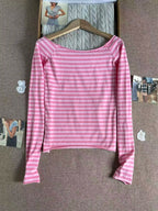 Pink Striped Slim Long Sleeve Tees Women Spring Casual Cotton O-neck Tshirt New Tops Clothes Sweet Cute  Vintage T-shirts Y2K - Matrix-studios.com