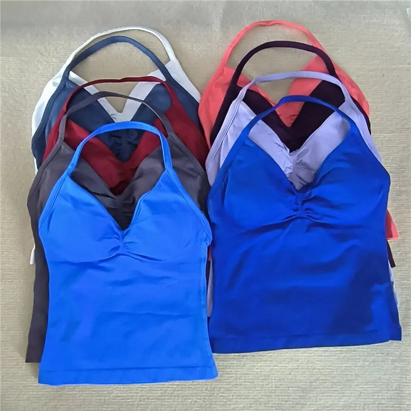 HBC Sexy V Neck Gym Tank Top Longline Strappy Vest Women Seamless Sports Running Tank Top Slim Fit Yoga Padded Workout - Matrix-studios.com