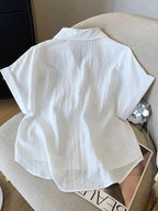 Blue  Neck Short Sleeve Shirt Women's Summer Loose Versatile Super Beautiful Blouse Small Figure Top Easy Care Fabric - Matrix-studios.com