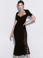 Ticketsx Sexy Lace Dress Set Women Fashion V-Neck See-Through Patchwork Pleated Slim Skirts Set Elegant Party Evening Dress Set - Matrix-studios.com