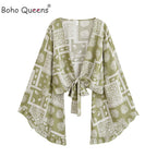 Boho Queens Fashion Women Floral 2025 Beach Summer Short Kimono Ruffles Flare Sleeves Vacation Bohemian Bikini Boho Cover-ups - Matrix Studios