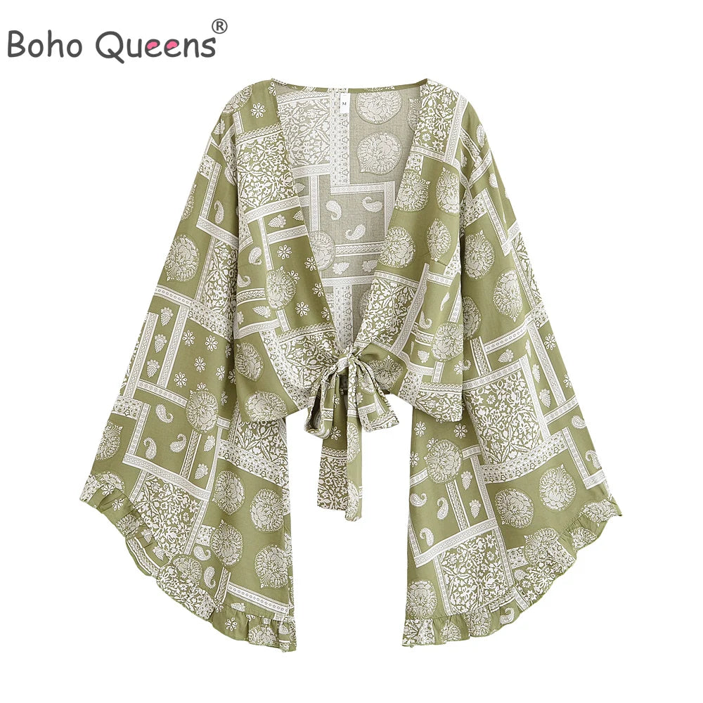 Boho Queens Fashion Women Floral 2025 Beach Summer Short Kimono Ruffles Flare Sleeves Vacation Bohemian Bikini Boho Cover-ups - Matrix Studios