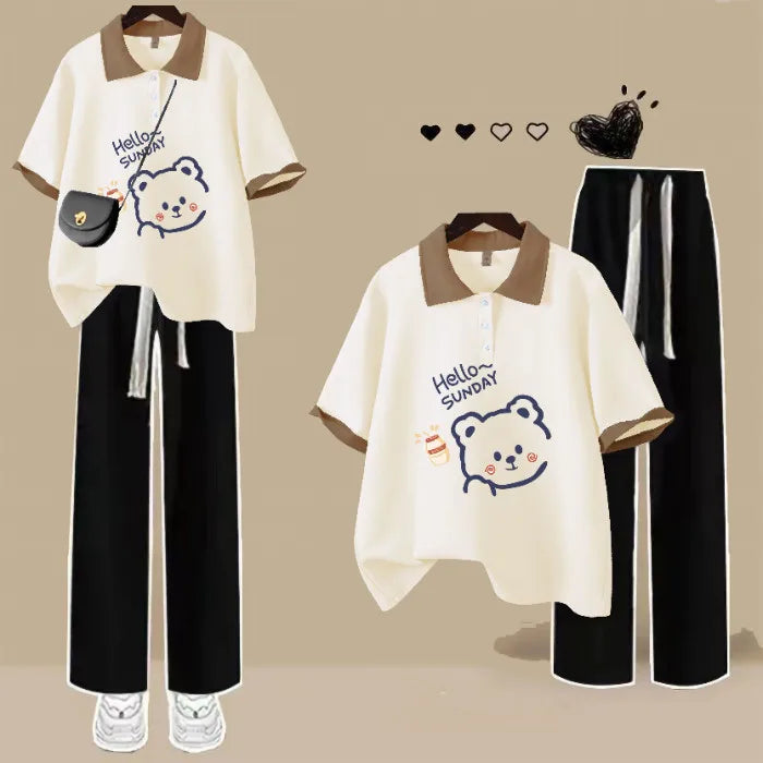 Fashion Polo Neck Short Sleeved T-shirt Cute Teddy Bear Loose Top Women Casual Tee - Matrix-studios.com