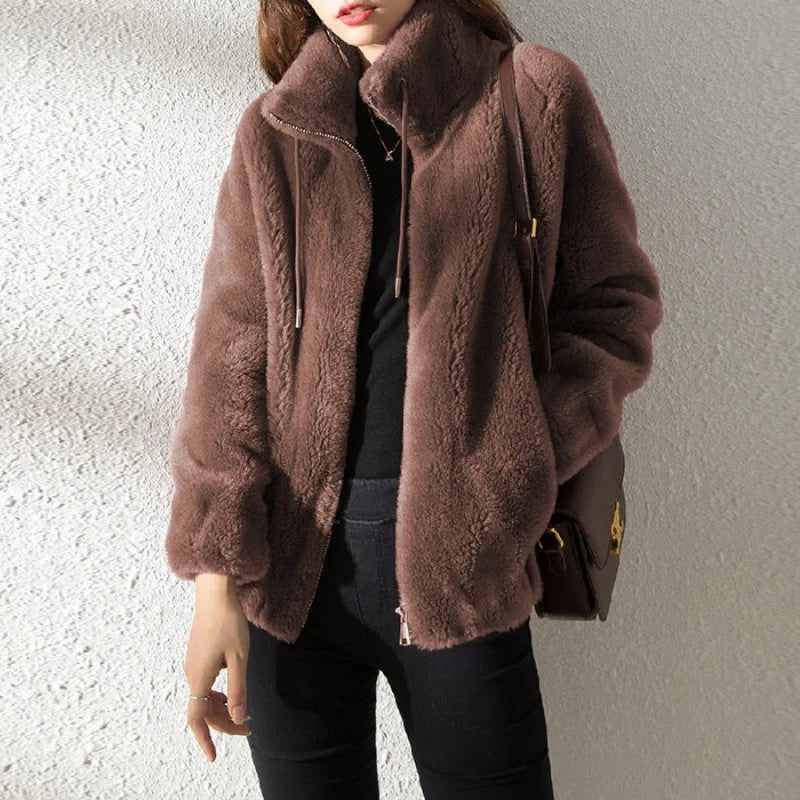 Women Autumn Winter Faux Fur Coats Zipper Cardigan Plush Thick Warm Coat Loose Oversized Outerwear Female Coral Fleece Overcoat - Matrix Studios