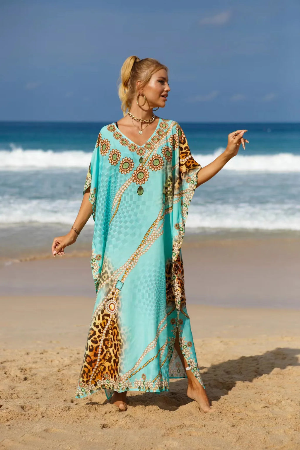 Kaftan Dresses Tropical Printed Cover Ups for Swimwear Women Elegant Maxi Robe Holiday Bathing Suits Dropshipping Hot Sales - Matrix Studios