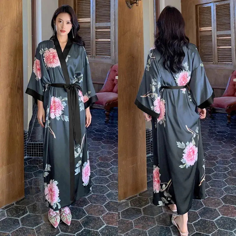 Black Print Flower Long Robe Nightgown Spring Summer Half Sleeve Kimono Bathrobe Gown Women Sexy Rayon Home Dress Loungewear - Matrix-studios.com