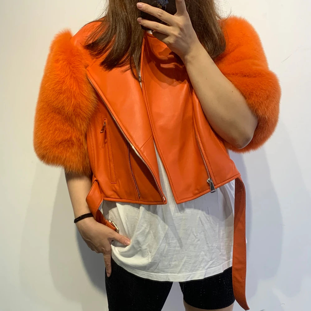 Leather Fur Jacket Natural Fur Sleeve Ladies Short Leather Jacket Real Fox Fur Sleeve Coat Women Autumn 21001-1 - Matrix Studios