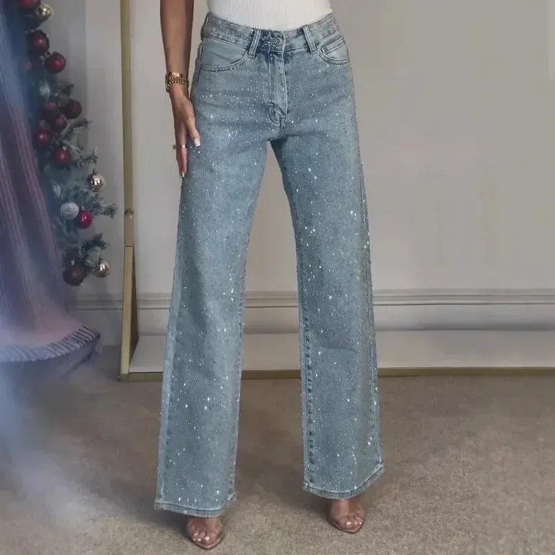 2025 Women Jeans Straight Diamonds Pants Stretch High Waist Washed Mom Jeans Y2k Streetwear Trousers Vintage Denims Streetwear - Matrix-studios.com