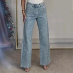 2025 Women Jeans Straight Diamonds Pants Stretch High Waist Washed Mom Jeans Y2k Streetwear Trousers Vintage Denims Streetwear - Matrix-studios.com