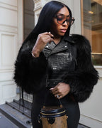 DEAT Fashion Faux Fur Patchwork PU Leather Motorcycle Jacket  Women's Lapel Zipper Sahses Short Jacket Autumn Winter New 7A2267 - Matrix Studios