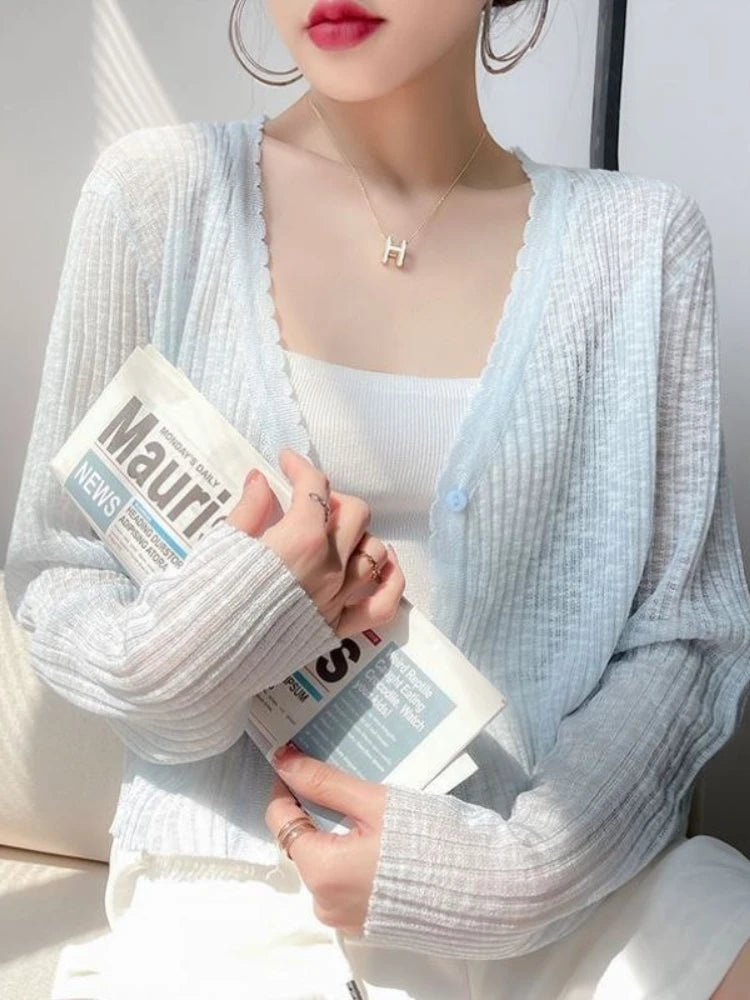 AOSSVIAO 2026 Spring Summer Ice Silk Knitted Thin Women's Cardigan French Style Sun Protection Shawl Sweater Coat Knit Crop Tops - Matrix Studios