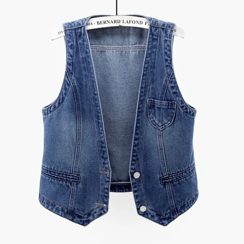Women Vintage Denim Waistcoat Jacket 2026 Spring New Female Short Slim Sleeveless Coat Vest 6XL Single Breasted Solid Casual Top - Matrix Studios