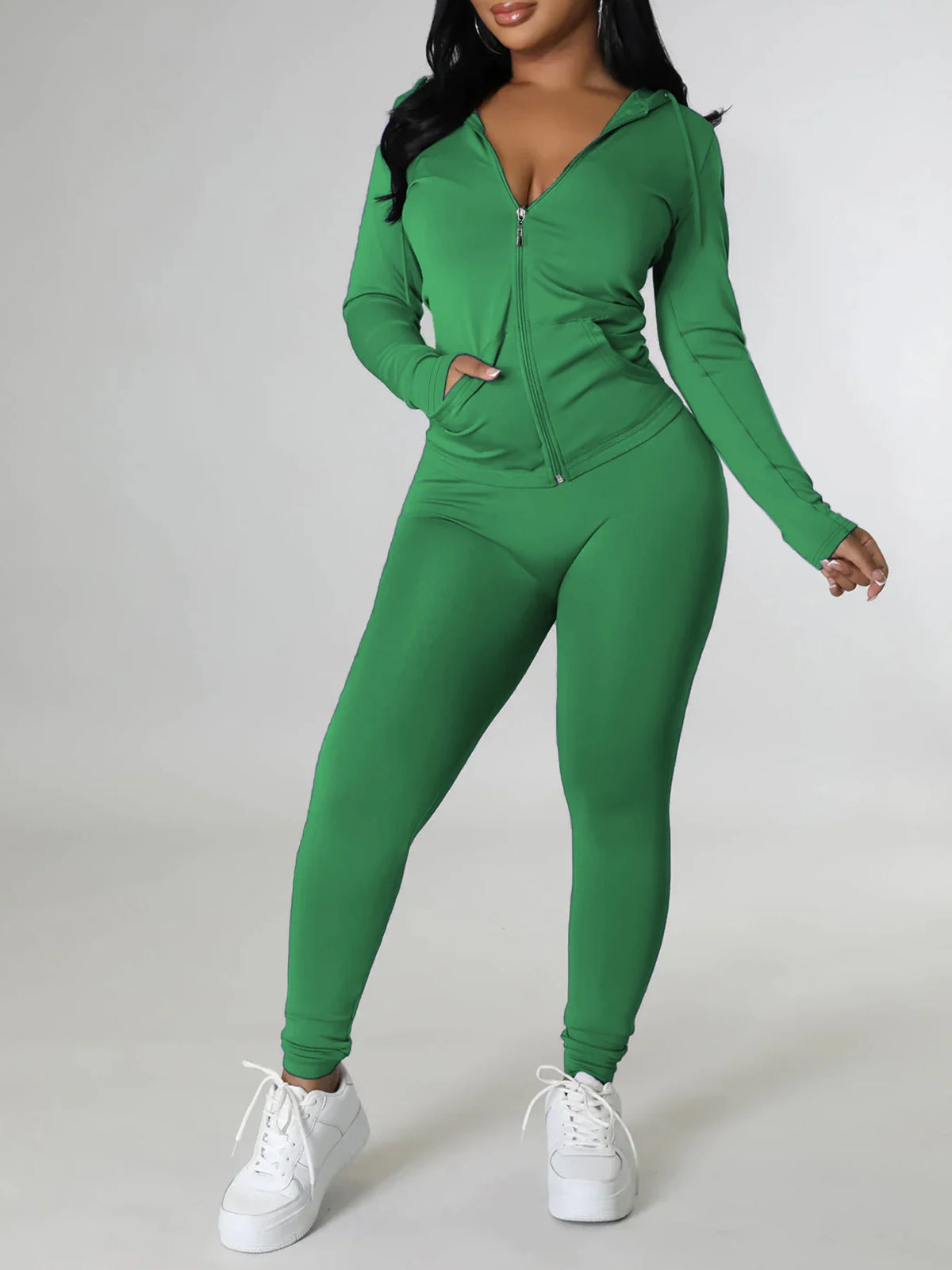 Lightweight Breathable Solid Color Curvy Streetwear Suit, Zip Hoodie Tracksuit Matched With Joggers, Comfortable Casual Oversized Matching Set, Versatile All Seasons Outfit For Yoga Daily Party - Matrix-studios.com