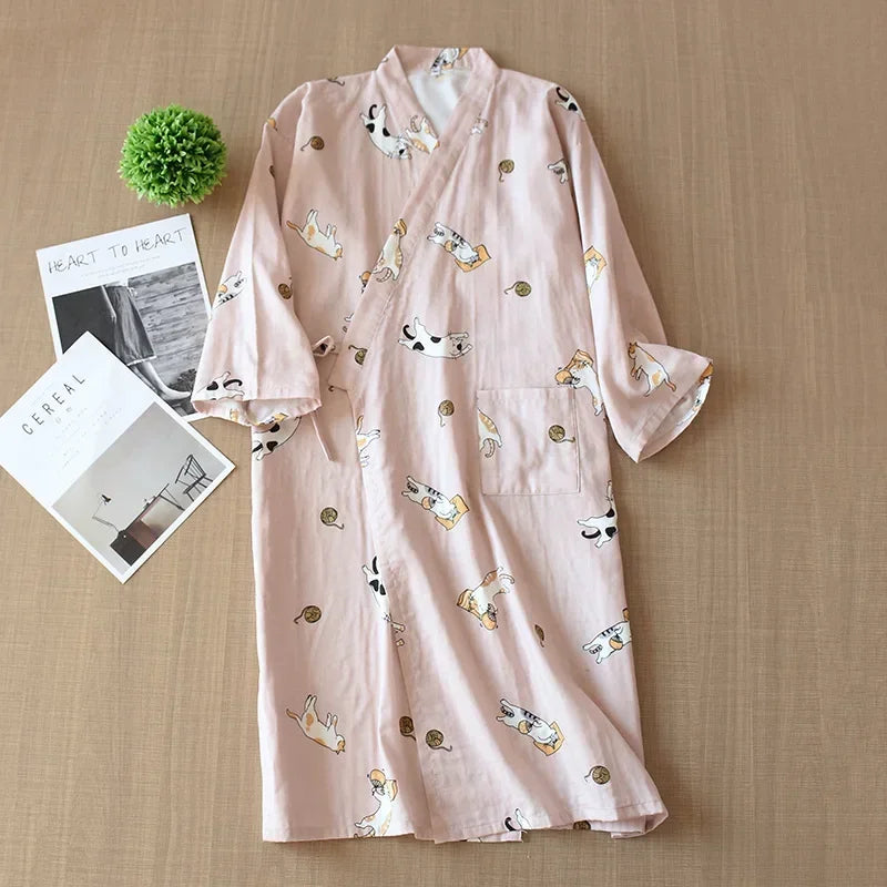 Japanese-style Kimono Pajamas Summer New 100% Cotton Gauze Pajamas Nightgown Ladies SPA Yukata Homewear Long Pajamas Women - Matrix-studios.com